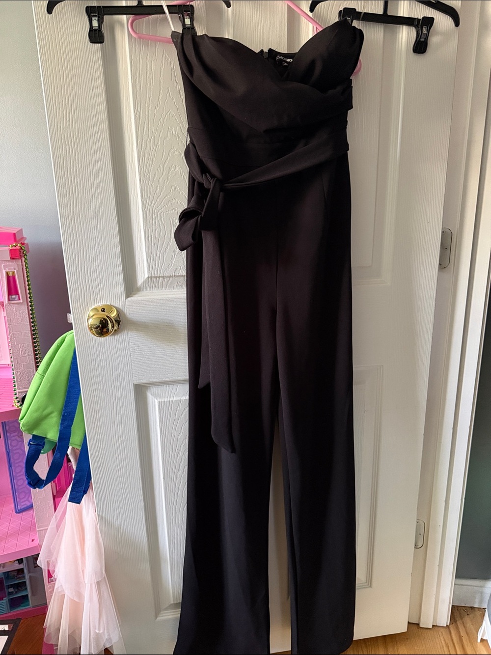 Fashion Nova Black Strapless Wide-Leg Jumpsuit with Waist Tie